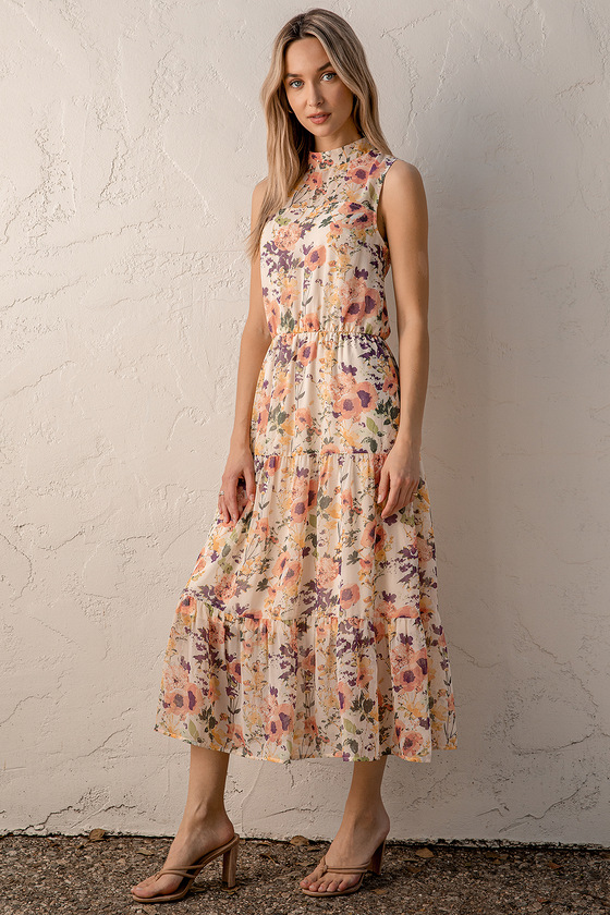 Lulus In My Dreams Peach Multi Floral Print Midi Dress