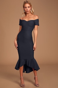 How Much I Care Midnight Blue Off-the-Shoulder Midi Dress
