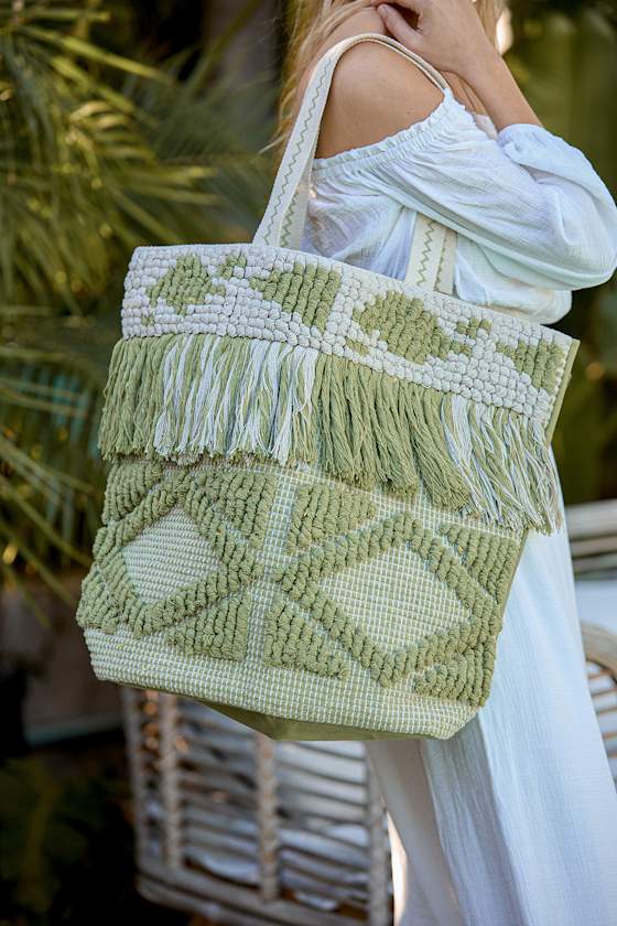 Just Beachy Green and Beige Fringe Tote Bag 2