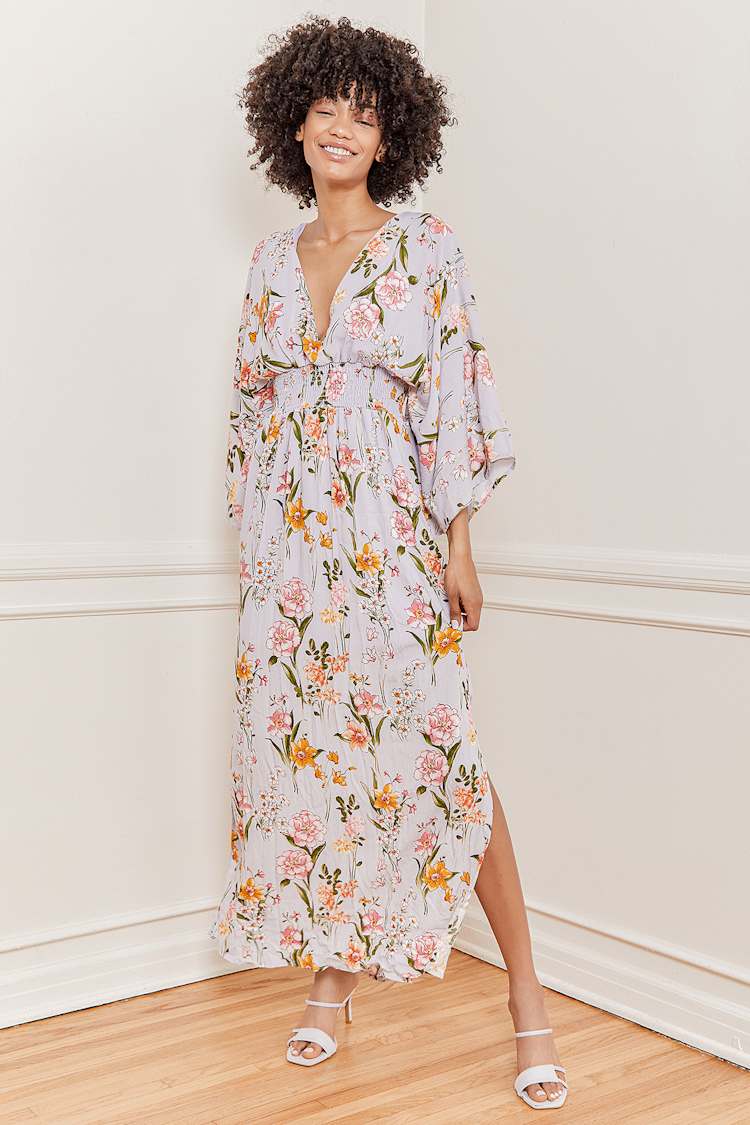 abound maxi dress Lavender Floral Dress - Three Quarter Sleeve Dress - Maxi Dress