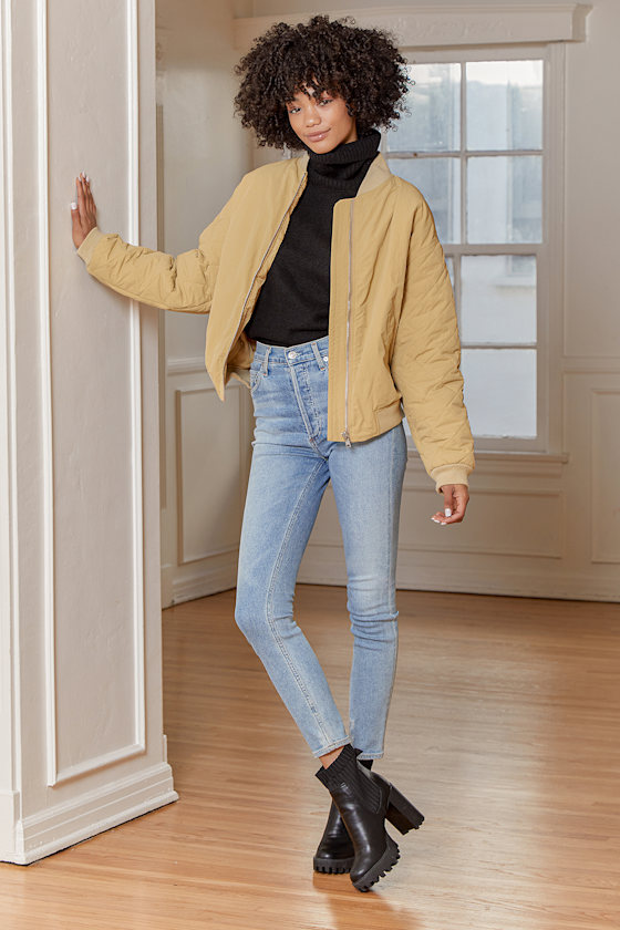 Beige Bomber Jacket Quilted Bomber Jacket ZipUp Jacket Lulus