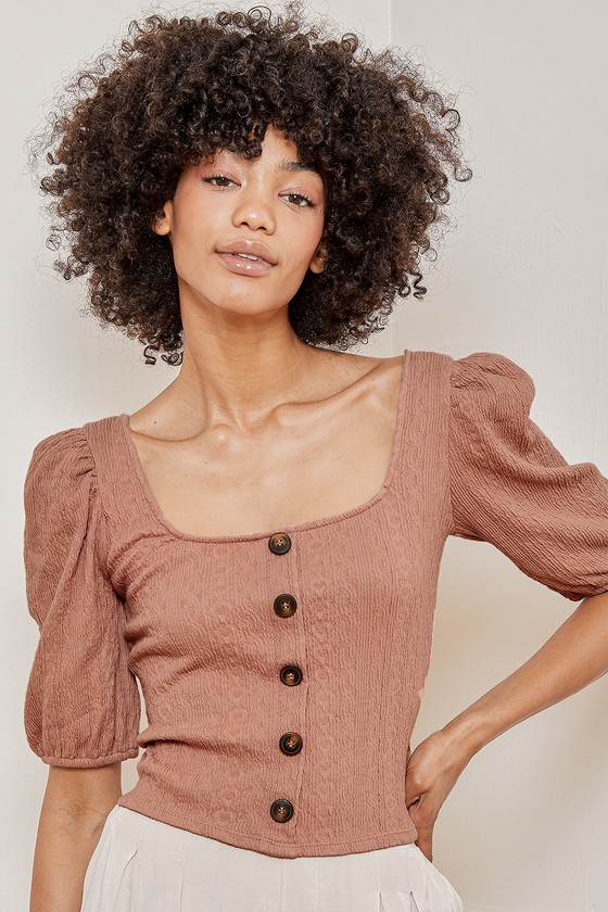 Cute Mauve Pink Top - Puff Sleeve Top - Button Front Crop Top - Lulus