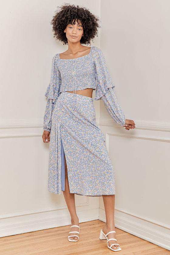 Naturally Beautiful Light Blue Floral Print Midi Skirt 4