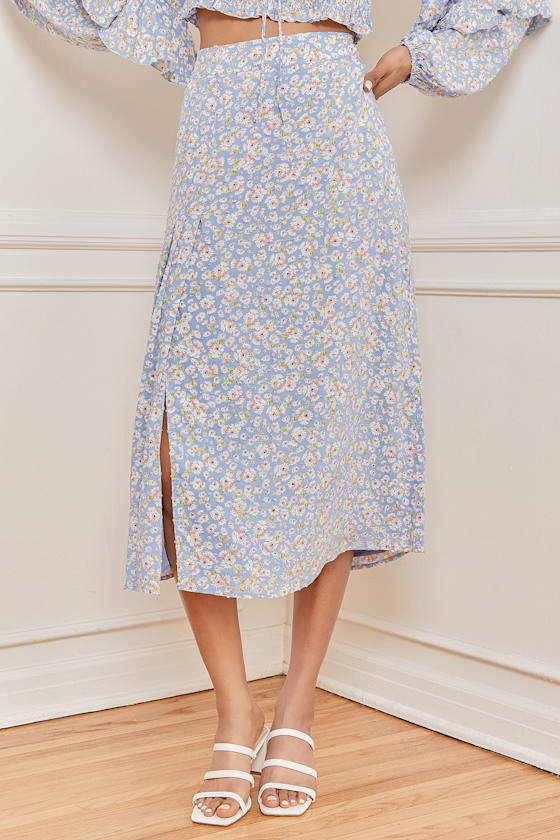 Naturally Beautiful Light Blue Floral Print Midi Skirt 3