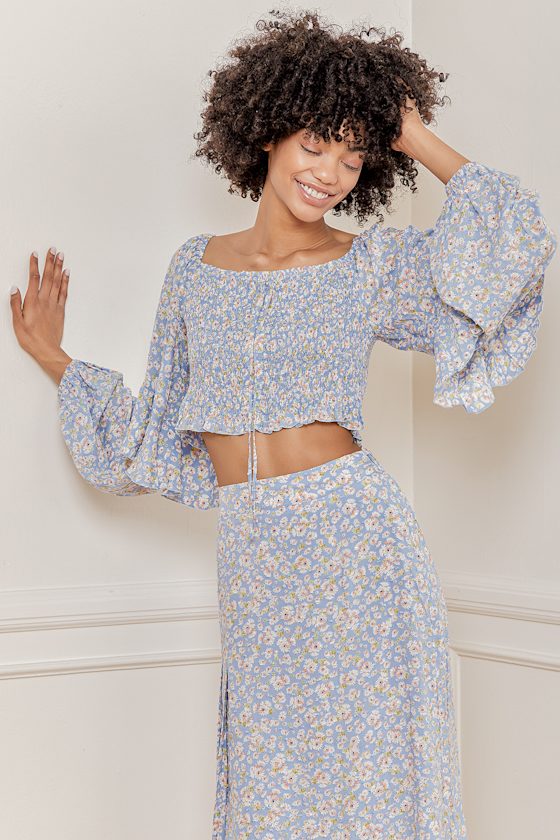 Blue Floral Top Ruffled Crop Top Smocked Long Sleeve Top Lulus