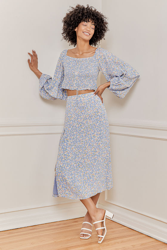 Naturally Beautiful Light Blue Floral Print Smocked Crop Top 1