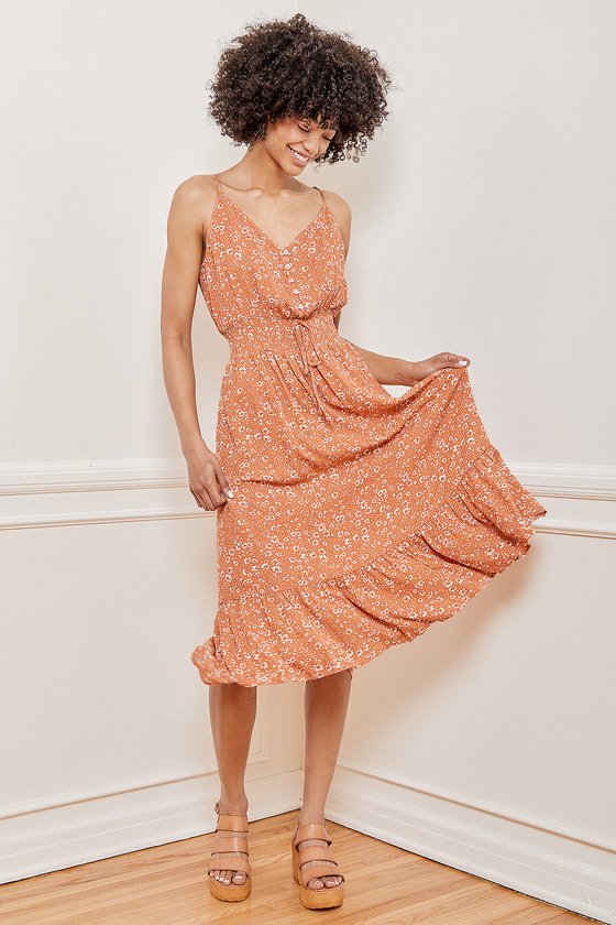 Sweet Orange Floral Print Tiered Midi Dress