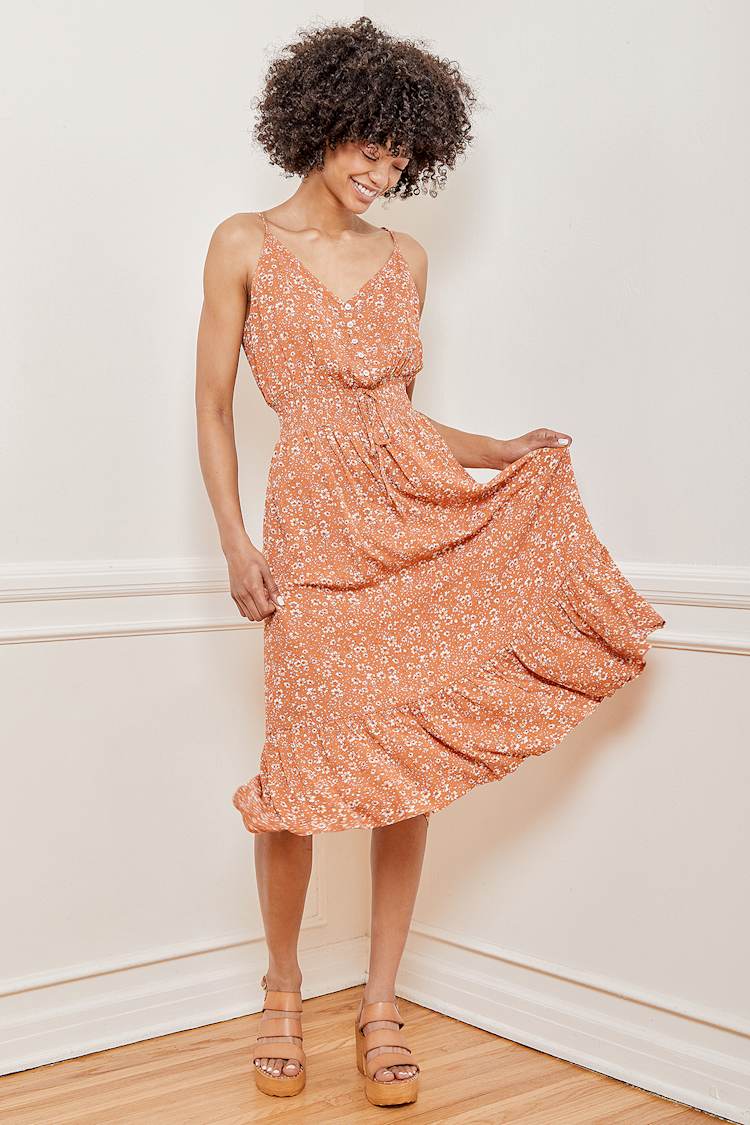 open lace back dress All For Love Orange Floral Midi Dress – Shop the Mint main image 0