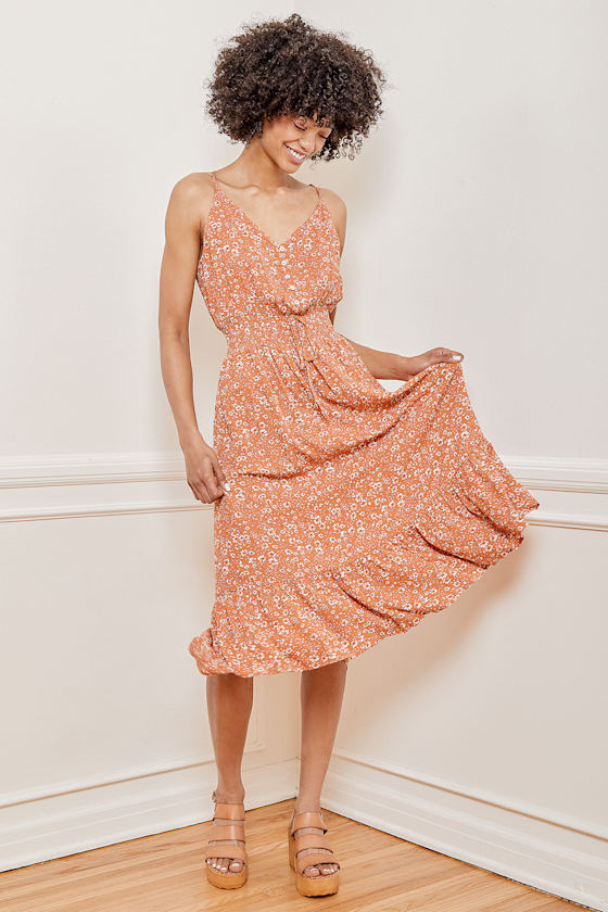 Orange Floral Print Dress Floral Midi Dress Tiered Midi Dress Lulus