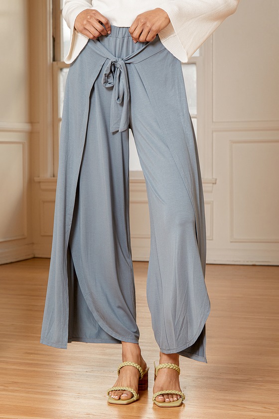 Slate Blue Culotte Pants - Wide Pants - Cropped Tie-Front Pants - Lulus