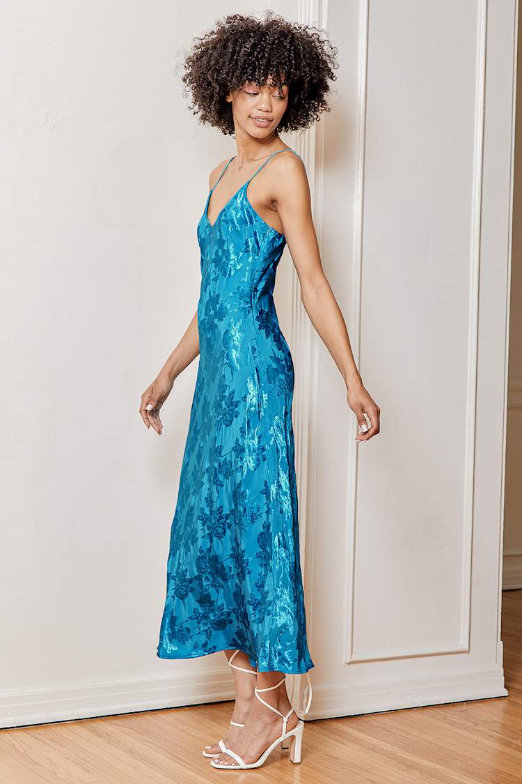 All For Love Blue Floral Jacquard Midi Slip Dress