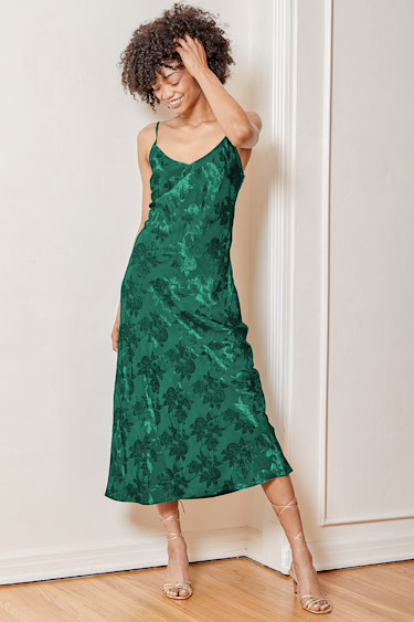 Chic Teal Green Midi Dress Floral Jacquard Dress Slip Dress
