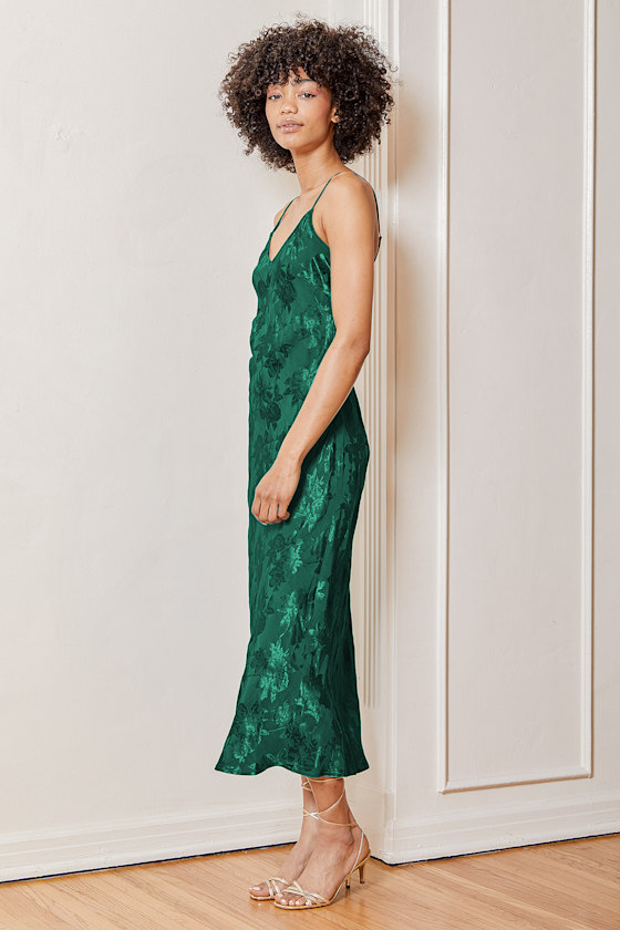 Chic Teal Green Midi Dress - Floral Jacquard Dress - Slip