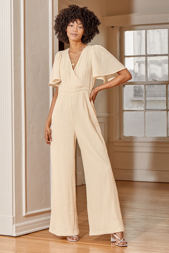 Cream Jumpsuit - Surplice Jumpsuit - Crinkle Woven Jumpsuit - Lulus