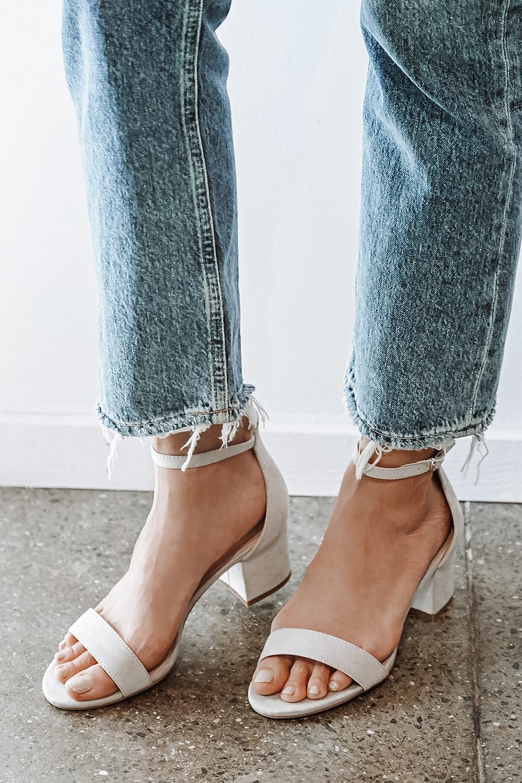Harper Light Grey Suede Ankle Strap Heels