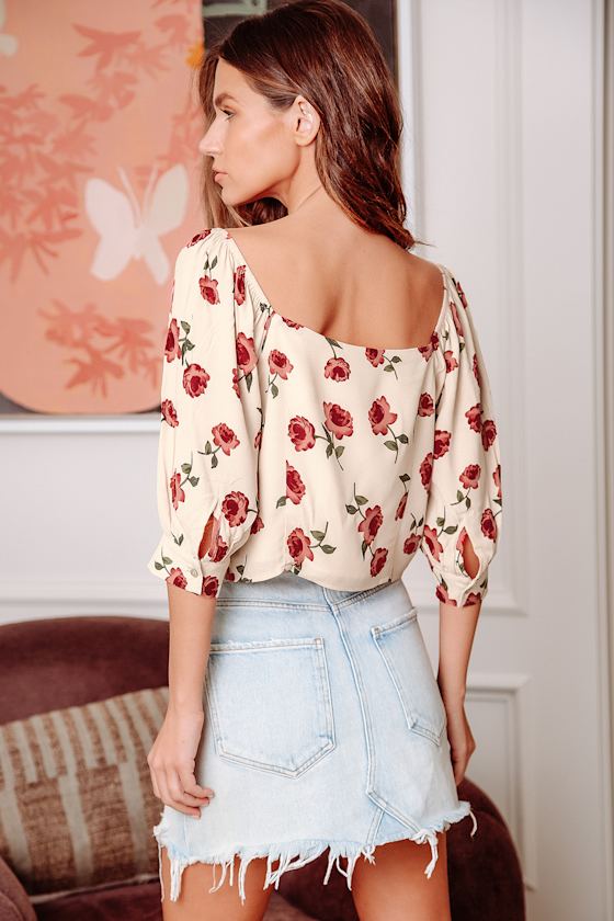 Beaming with Confidence Beige Floral Print Tie-Front Top 4