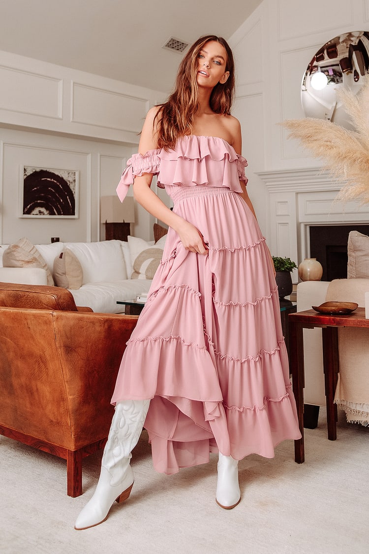 Chance For Us Blush Pink Off-the-Shoulder Ruffled Maxi Dress