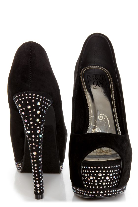 Speed Limit 98 Udon Black Rhinestone Studded Platform Pumps