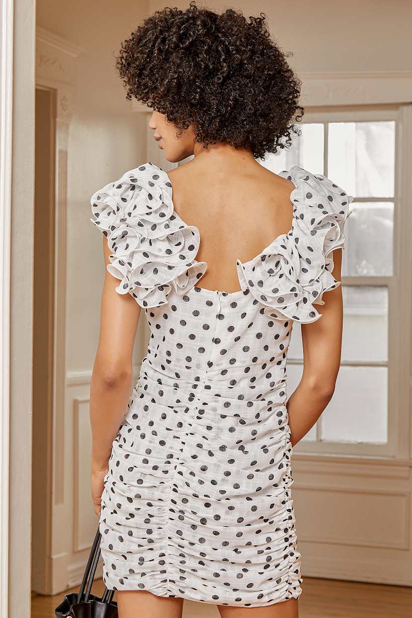 white polka dot ruched dress Mirela White Polka Dot Ruched Maxi Dress
