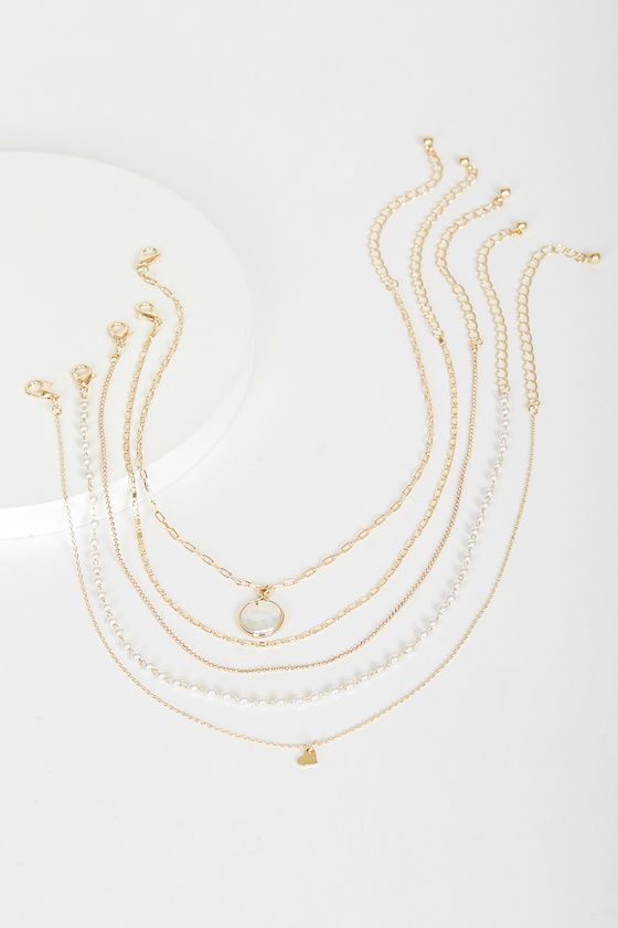Heart of the Ocean Gold Pearl Layered Choker Necklace Set 1