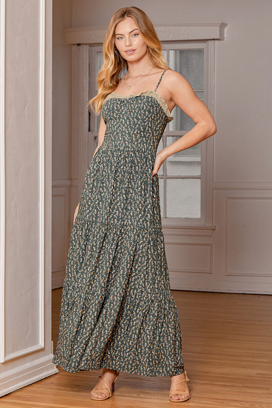sage green floral print satin draped bardot midi dress