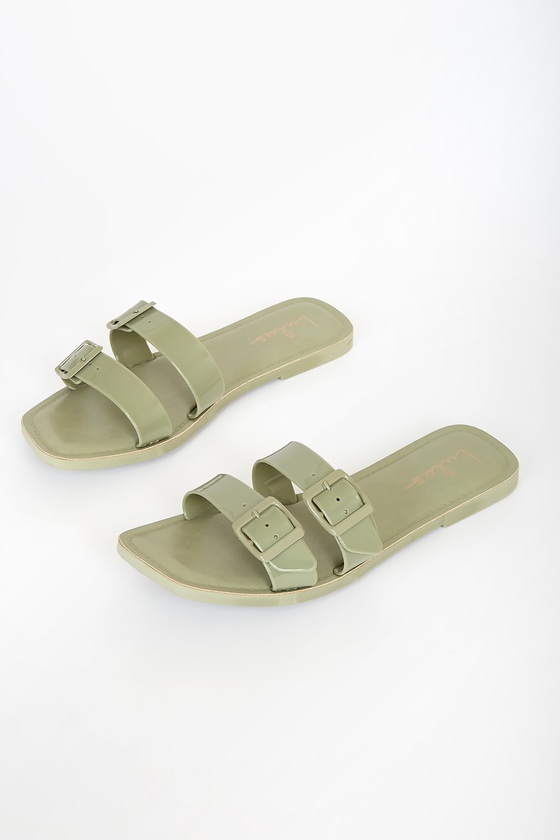 Sage Green Sandals - Patent Faux Leather Sandals - Slide Sandals - Lulus