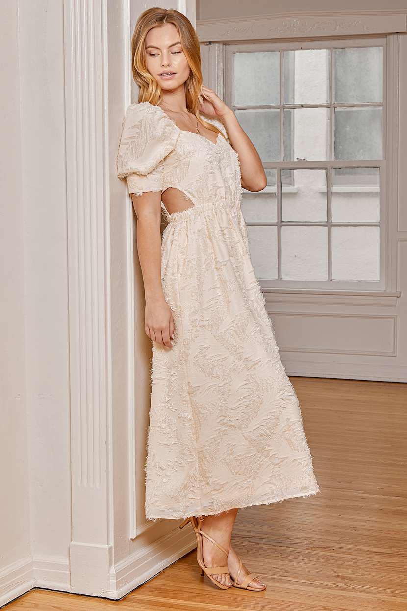 Cream Midi Dress - Jacquard Midi Dress - Puff Sleeve Dress