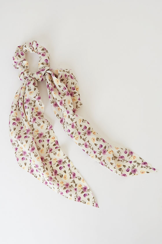 Blossoming Day Cream Floral Print Scarf Ponytail Holder 1