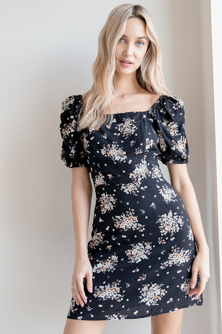Black Floral Print Dress - Puff Sleeve Dress - Mini Wrap Dress - Lulus