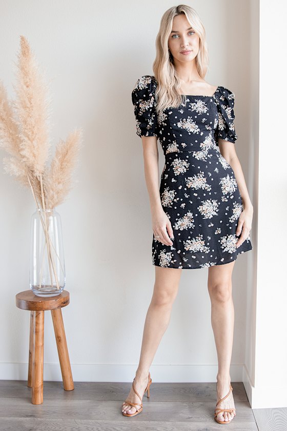 Isn't it Lovely Black Floral Print Puff Sleeve Mini Dress 1