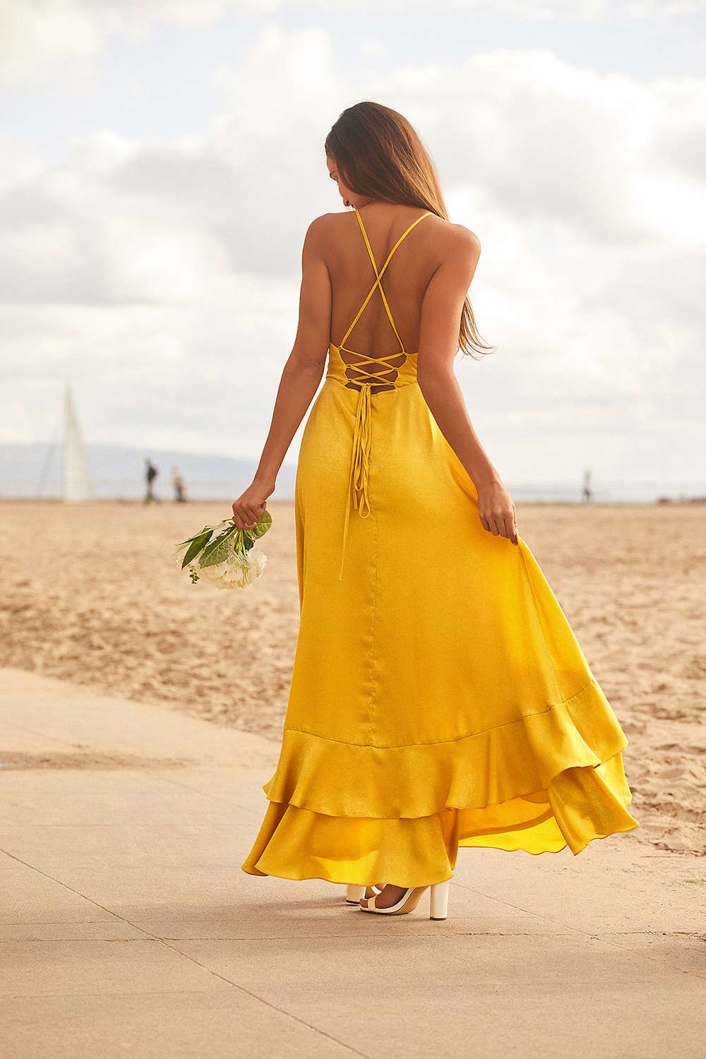 In Love Forever Mustard Yellow Satin Lace-Up High-Low Maxi Dress