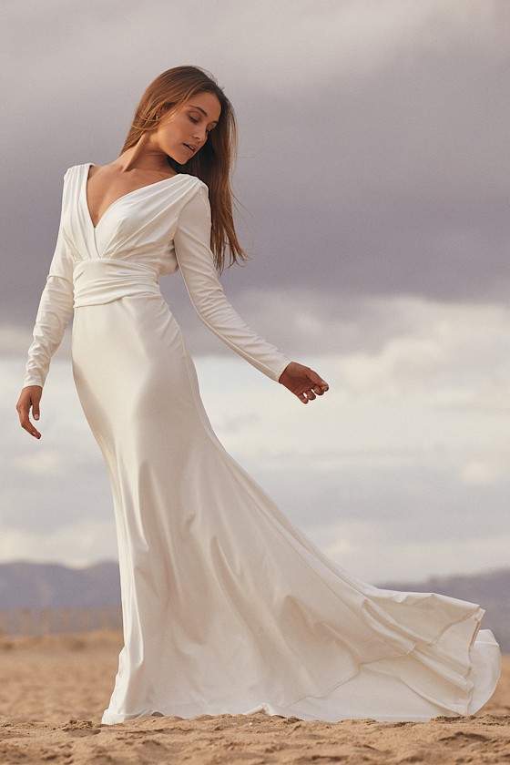Magnificent Romance White Satin Long Sleeve Mermaid Maxi Dress 2