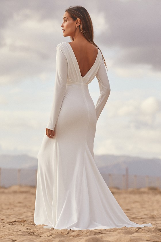 Magnificent Romance White Satin Long Sleeve Mermaid Maxi Dress 3