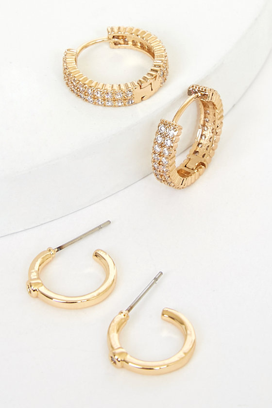 14KT Gold Earrings Rhinestone Hoop Earring Set Gold Hoops Set Lulus