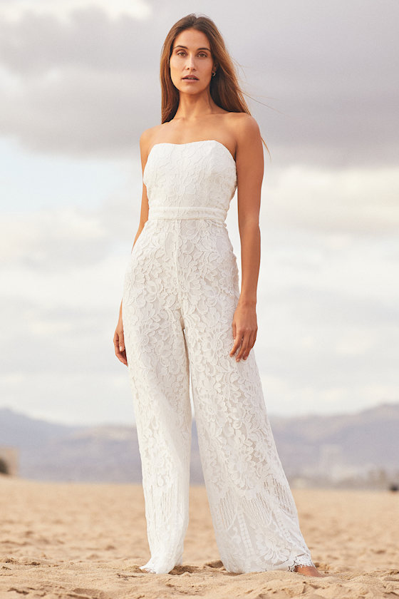 Wonderful Love White Lace Strapless Wide-Leg Jumpsuit 1