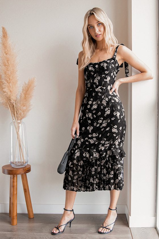Terrace Views Black Floral Print Tiered Midi Dress 8