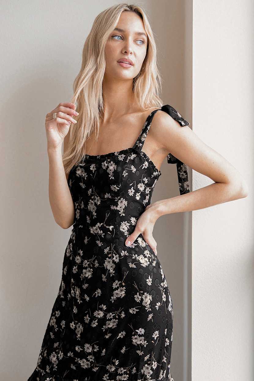 Black Floral Dress Chiffon Midi Dress Ruffled Midi Dress Lulus
