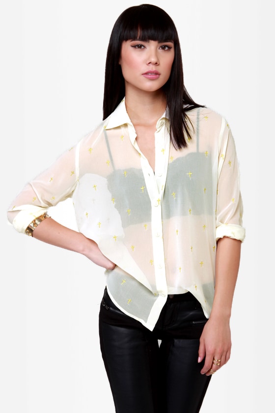 Cross-Promotion Sheer Cream Print Top