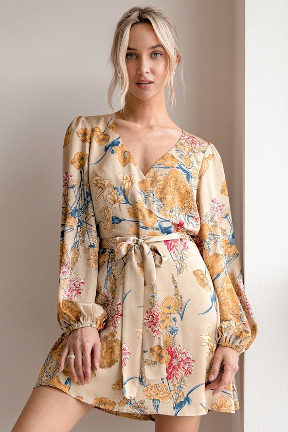 Beige Floral Print Dress - Satin Mini 