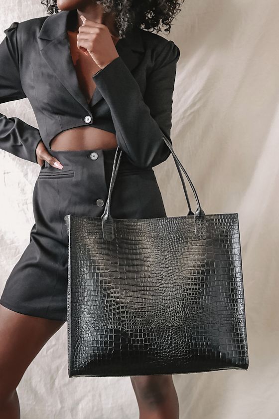 Speak Up Black Crocodile-Embossed Leather Tote Bag 1