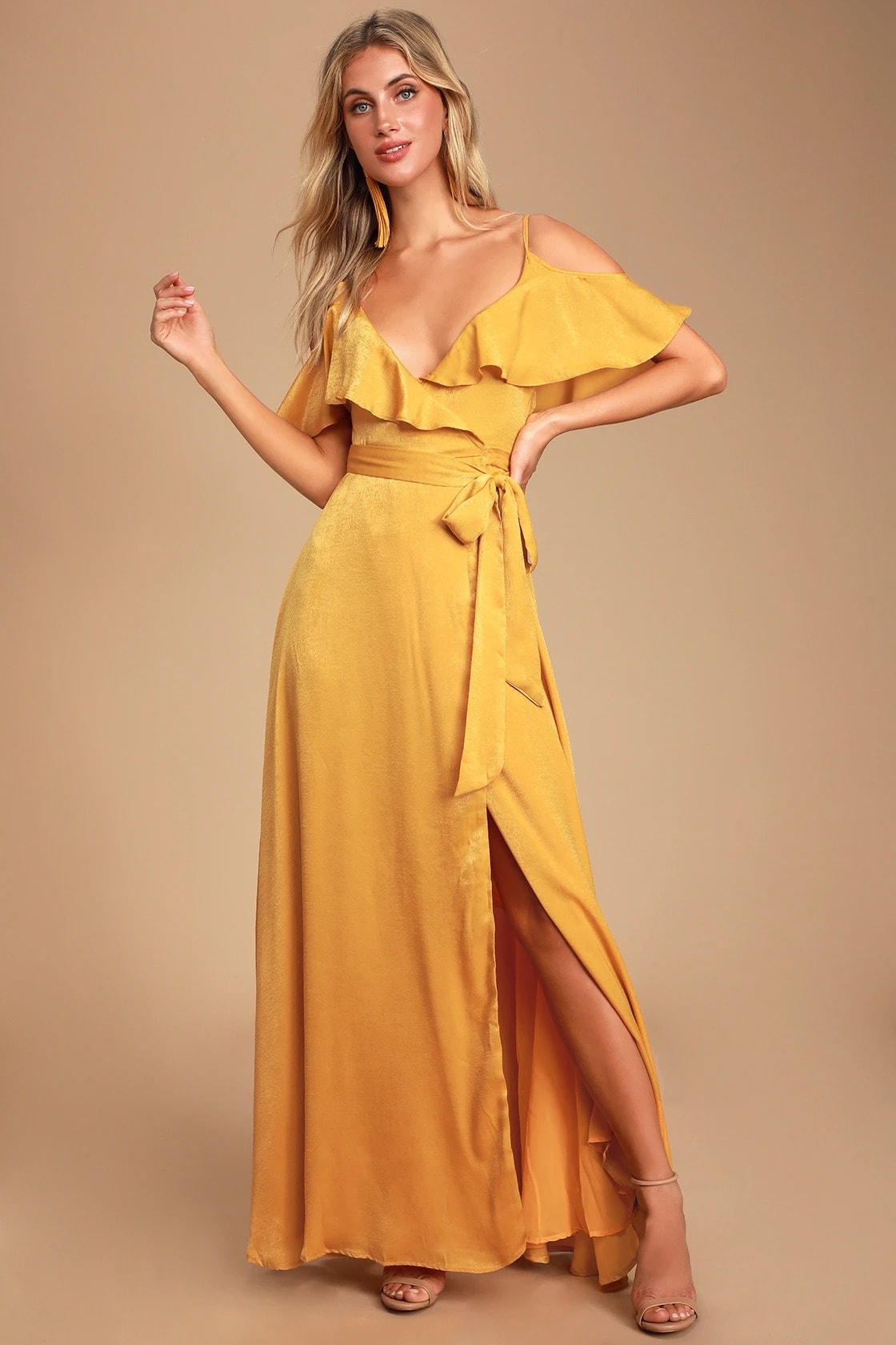 Mustard Yellow Wedding Guest Dress with Cold Shoulder Sleeves for Greece Wedding, Beach Wedding, Summer Wedding