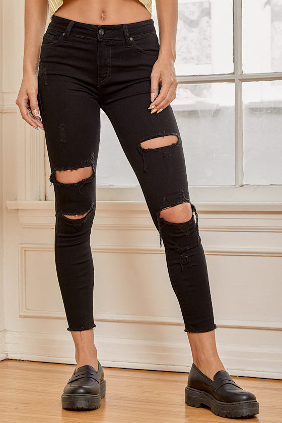 Clara Black Distressed High Rise Cropped Skinny Jeans 6