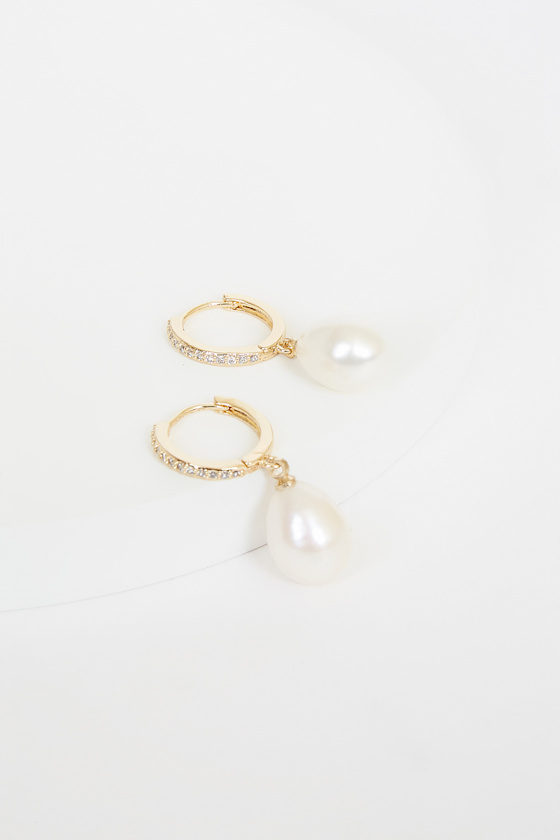 Divine Connection 14KT Gold Pearl Mini Hoop Earrings 2