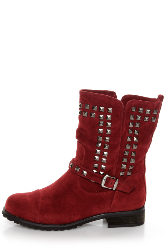 Promise Abigail Wine Red Studded Motorcycle Ankle Boots