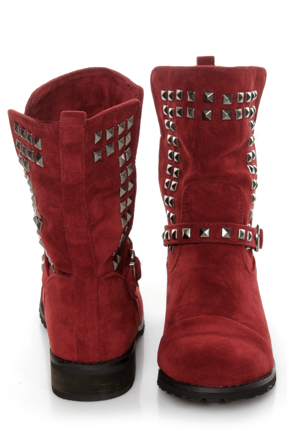 Promise Abigail Wine Red Studded Motorcycle Ankle Boots