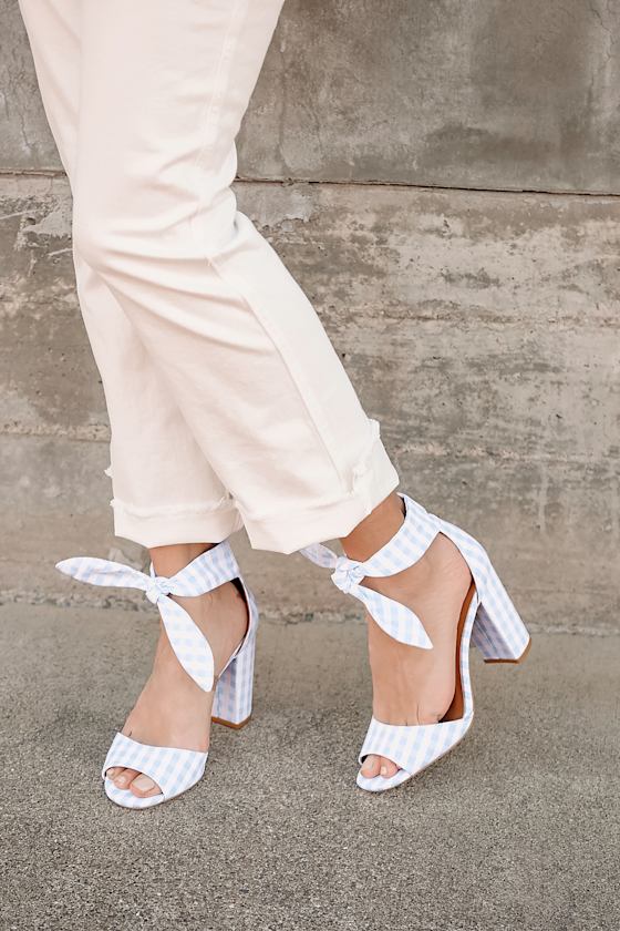 Covington Blue and White Gingham Ankle Strap Heels 1