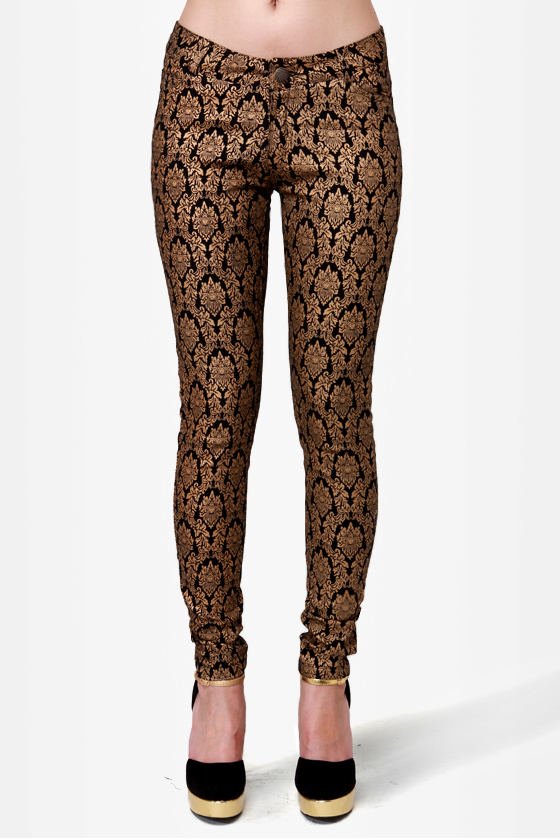 Baroque \\\\\\\\\\\\\\\'n\\\\\\\\\\\\\\\' Roll Black and Gold Skinny Pants