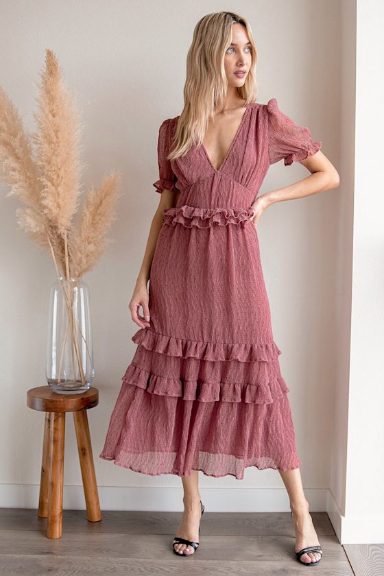 Know Your Heart Rose Pink Polka Dot Ruffled Midi Dress 1