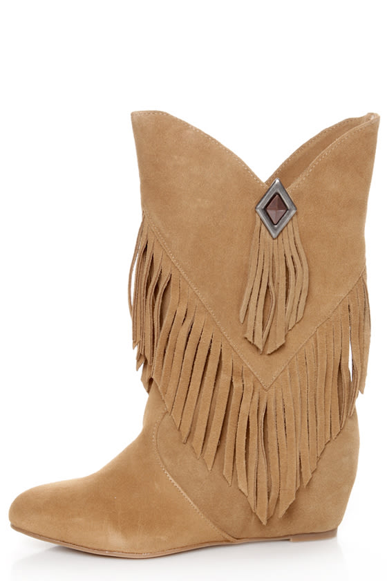 Obsession Rules Hopey Luggage Suede Fringe Wedge Boots