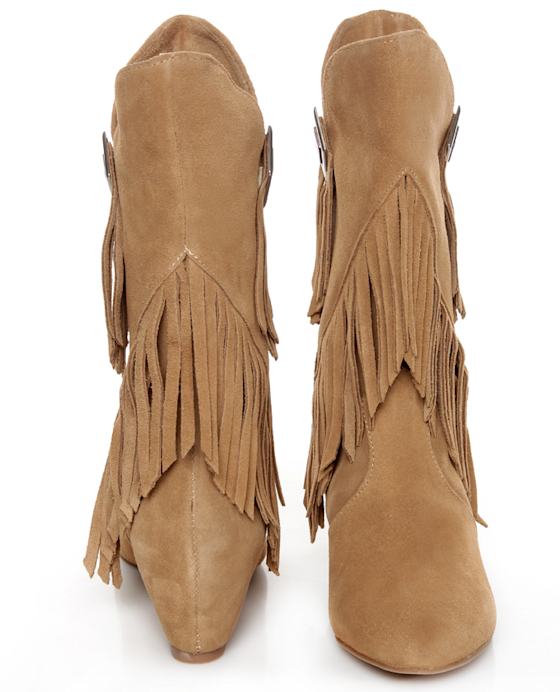 Obsession Rules Hopey Luggage Suede Fringe Wedge Boots